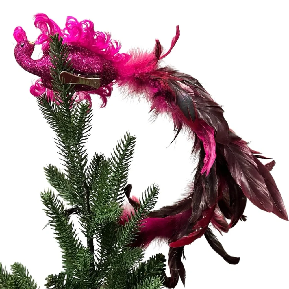 Pier 1 Imports Pink Feathered Clip On Bird Ornament Peacock Glitter